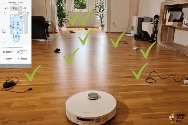 Можно увидеть результаты испытаний Dreame L20 Ultra по обнаружению таких препятствий как кабель.